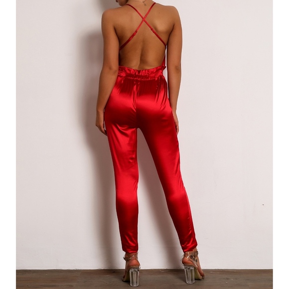 Red Satin V Neck Criss Cross Backless Jumpsuit - Picture 2 of 5